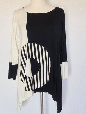 IC Collection by Connie K Jersey Swing Tunic Blouse 3/4 Sleeve Black White